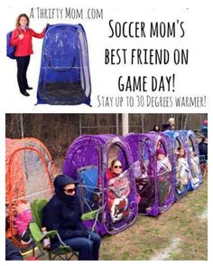 a woman sitting in a chair next to some tents with the words soccer mom's best friend on game day stay up to 30 degrees degrees warmer