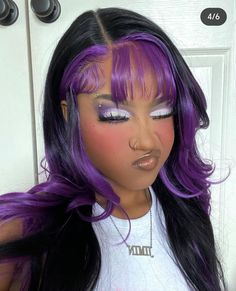 Black And Purple Hair Black Women, Purple To Green Hair, Purple Hair Bride, Colorful Bangs Hair, Purple Dyed Hair Black Women, Duo Hair Color Ideas, Dyed Hair Inspiration Light Skin, Silk Press Colored Hair, Purple Hair Outfit Ideas