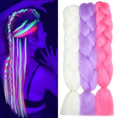 PRICES MAY VARY. 【Glow in the Dark Braiding Hair Material】:100% Kanekalon Jumbo Braiding Hair Extensions,Glow in the Dark Braiding Hair Extensions,Normal in Daytime, Glow in the Darkness,Color Changing Braiding Hair. 【Colorful Jumbo Braid Hair】:100g/pcs,24inch Fold for Medium Hair,48inch Unfold for Long Hair,2-4 Pack for Rave Braids,Festival Braids,6-8 pcs for Full Head According to Your Need. 【Colored Kanekalon Braiding Hair Extensions Good Quality】:Soft As Human Hair,Silky,Lightweight,Comforta Braids Festival, Glow In The Dark Hair, Rave Braids, Festival Braids, Kanekalon Braiding Hair, Hair Colorful, Glow Birthday Party, Jumbo Braiding Hair, Braiding Hair Extensions