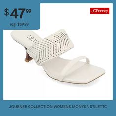 Our Monyka stiletto heel from Journee Collection will be the comfiest heel you've ever put on with their 4 mm tru comfort foam insole. As well as comfort, you will have all the style you could dream of with their luxe vegan leather, woven band mule style, and open square toe. To keep it simple, they're slip-on, perfect for last-minute plans when you have to rush out the door. Features: ComfortClosure Type: Slip-OnFootwear Technology: Memory Foam InsoleShoe Heel Height: 2 3/4 InchesUpper/Outer B… Elegant White Mules With 4-inch Heel, Comfy Heels, Pumps Heels Stilettos, White Pumps, Shoes Pumps, Heel Pumps, Journee Collection, Keep It Simple, Stiletto Heel