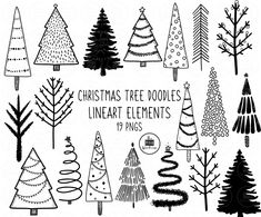 christmas tree doodles and line art elements for handmade papercrafting or scrapbooking