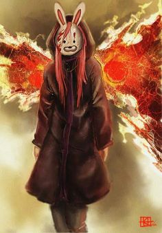 a woman with long red hair wearing a bunny mask and standing in front of a fire