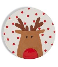 a paper plate with a reindeer's head on it and red dots around the face