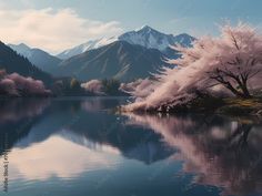 a lake surrounded by mountains with pink flowers