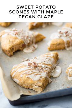 Sweet Potato Scones with Maple Pecan Glaze Sweet Potato Scones, Potato Scones, Pecan Glaze, Pecan Scones, Sweet Potato Puree, Sweet Potato Pecan, Vegan Scones, Maple Frosting, Quick Vegan Meals