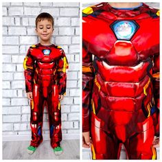 a young boy in iron man costume standing next to a brick wall