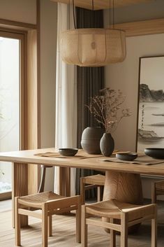 a wooden table with two vases on top of it next to chairs and a window