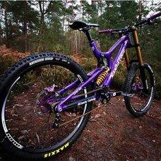 a purple mountain bike parked in the woods