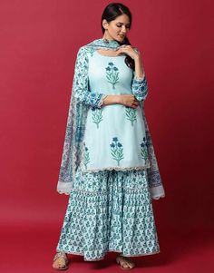 Light Blue Rayon Block Print Gharara Set Cotton Gharara Designs, Blue Gharara, Cotton Gharara, Sharara Outfits, Cotton Sharara, Diwali Fashion, Gharara Designs, Ethnic Clothes, Nykaa Fashion