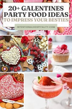 Valentines party food ideas such as strawberry mocktail, heart shaped desserts and treats, and more Valentines Party Food, Fancy Dinner Party, Galentines Party, Fall Football, Easy Appetizers, Food Options, Party Food Ideas