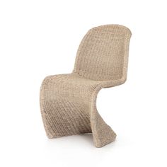 a chair made out of woven material with a curved back and legs, on a white background