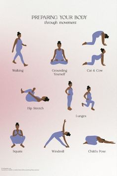 a woman doing yoga poses for her body and chest, with the words preparing your body through movement