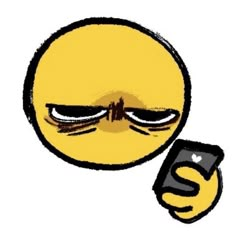 a smiley face holding a cell phone in its right hand and looking at the screen