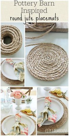 a collage of photos showing how to place napkins on plates and place settings