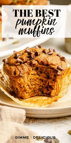 the best pumpkin muffins on a plate with chocolate chips