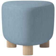 a blue stool with wooden legs and a round foot rest on the top of it