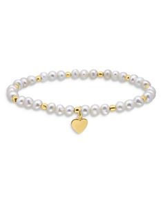 Aqua Heart Charm Cultured Freshwater Pearl Beaded Stretch Bracelet in 18K Gold Plated Sterling Silver - Exclusive Michael Kors Shop, Etsy Promotion, Wedding Flats, Shoe Boutique, Beaded Stretch Bracelet, Gold Plated Sterling Silver, Stretch Bracelet, Stretch Bracelets, Pearl Beads