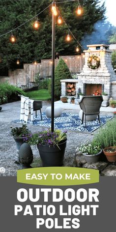 an outdoor patio with lights and potted plants