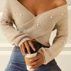 Pearl Beaded Sweater Plunging V-Neck Neckline Knit Pattern Long Sleeves 100% Polyester Beaded Sweater, Traje Casual, Drop Shoulder Sweaters, Clothing Essentials, Beige Sweater, Vintage Streetwear, Women's Wardrobe, Cropped Sweater, Colorful Sweaters