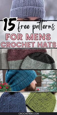 men's crochet hats with text overlay that reads 15 free patterns for mens crochet hats