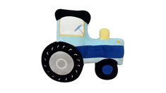 a blue and white toy truck with wheels on it's side, sitting in front of a white background