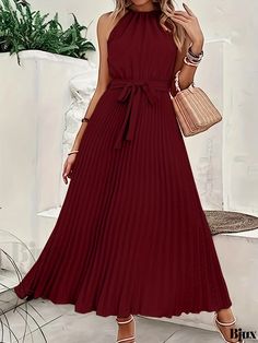 Bjux - Pleated Sleeveless Maxi Dress with Knot Detail, Sophisticated Womens Apparel Elegant Pleated Sleeveless Dress For Beach, Elegant Pleated Sleeveless Beach Dress, Knotted Maxi Dress, Elegant Fabric, Womens Apparel, Applique Pattern, Dress Elegant, Sleeveless Maxi Dress, Womens Maxi Dresses