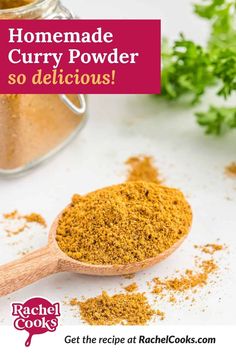 homemade curry powder in a wooden spoon with text overlay that reads homemade curry powder so delicious