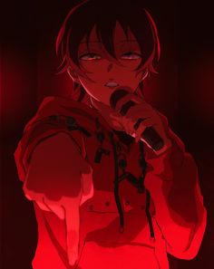 an anime character holding a microphone in front of a red light with his eyes closed