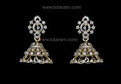 18 karat gold diamond jhumkas - diamond dangle earrings - 235-DJH007 - in 5.050 Grams for USD $1,741.96 USD. 
Made in India by Totaram Jewelers Online this product is in Gold - 18 Karat Gold  & is an excellent gift for Adult - Women. Ships fully insured with secured guaranteed delivery for free with your order over $250 from New Jersey USA & comes with 30 days exchange policy. Luxury Gold Dangle Chandbalis, Diamond Earrings With Latkans For Diwali, Traditional Diamond Jhumkas With Latkans, Traditional Diamond Jhumkas For Diwali, Diamond Jhumkas With Intricate Design For Festivals, Diamond Temple Jewelry Jhumkas With Intricate Design, Diamond Jhumkas With Latkans For Festivals, Traditional Diamond Jhumkas For Reception, Temple Jewelry Diamond Earrings With Intricate Design