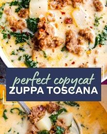 two bowls filled with different types of food and the words perfect cappacat zuppa toscana