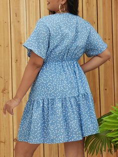 Lasaky - Chic Plus Size Dress: Womens Heart Print Ruffle Sleeve Wrap V Neck Smock Dress Casual Tiered Smock Mini Dress, Casual V-neck Smocked Mini Dress, Casual Short Sleeve Smocked Mini Dress, Casual V-neck Smock Dress, Smock Vacation Dress With Short Sleeves, Smock Short Sleeve Dress For Vacation, Casual Flowy Smocked Mini Dress, Vacation Smock Dress With Short Sleeves, Short Sleeve Smock Dress For Vacation