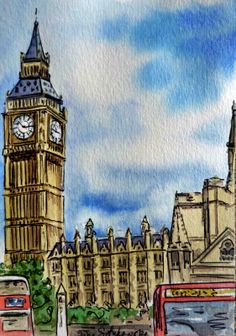 watercolor painting of big ben and the houses of parliament in london, england with double decker buses