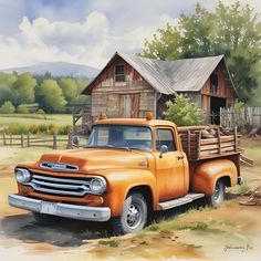 an old orange pickup truck parked in front of a wooden building with a barn on the back