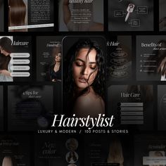 the hair stylist presentation is displayed on a dark background with lots of images