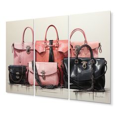 three different colored handbags on display in front of a white wall and one is black, the other pink