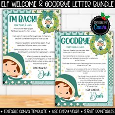 the elf welcome and goodbye letter bundle is shown in two different colors, including green