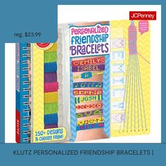 Say it with a bracelet! Make custom-name friendship bracelets and more with klutz! Choose from more than 150 designs for unique bracelets with standout styles. With 5 floss colors, you can make bold bracelet designs for you and your bffs. There are also over 90 blank tiles to create custom designs. Step-by-step instructions and a built-in bracelet-making board make it a snap to craft on the go. Once you've mastered the techniques, create your own patterns for a style statement that's 100% y-o-u… Name Friendship Bracelets, Friendship Bracelet Kit, Bracelet Kit, Bracelet Kits, Jewelry Kits, Gifts For An Artist, Unique Bracelets, New Crafts, Kids Jewelry