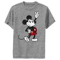 Who knew that dressing "mousey" could be so cute!? Celebrate Walt Disney's most iconic character with these officially licensed Mickey Mouse and Friends styles! This retro-style Boys' Tee features Mickey wearing red camo shorts while holding up a peace sign. This will be the perfect tee for your next trip to Disneyland! Size: large. Color: charcoal heather. Gender: male. Age Group: kids. Pattern: Mice. Material: Cotton. Mickey Mouse Retro, Retro Peace Sign, New Mickey Mouse, Red Camo, Sleeve Packaging, Disney Kids, Mickey Mouse And Friends, Michigan Wolverines, Vintage Mickey