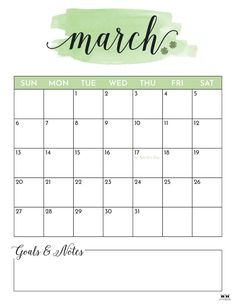 a march calendar with the word march written in black ink on it and green watercolor paint