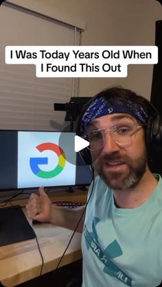 a man wearing headbands and glasses in front of a computer screen with google on it