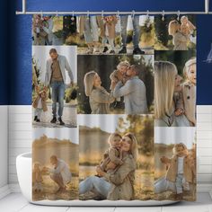 a shower curtain with multiple pictures of people in the same photo, including two children and one adult