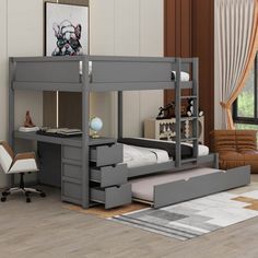 a gray bunk bed with drawers underneath it