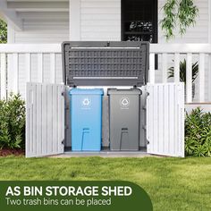 a storage shed with two trash bins in front of it and the words, as bin storage shed two trash bins can be placed