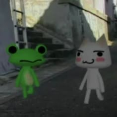 two cartoon characters are walking down the street