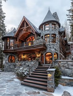 a large stone and wood house in the woods with stairs leading up to it's second story