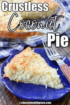 a piece of crustless coconut pie on a blue plate with a knife and fork