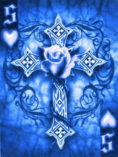 a cross with roses and hearts in the center on a blue background, surrounded by other symbols