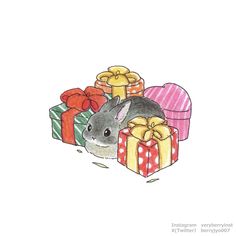 a drawing of a bunny surrounded by presents