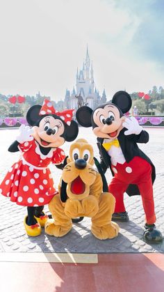 three people in mickey mouse costumes standing next to each other with a castle in the background