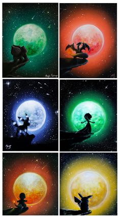 four different images of the same person flying in front of a full moon and stars